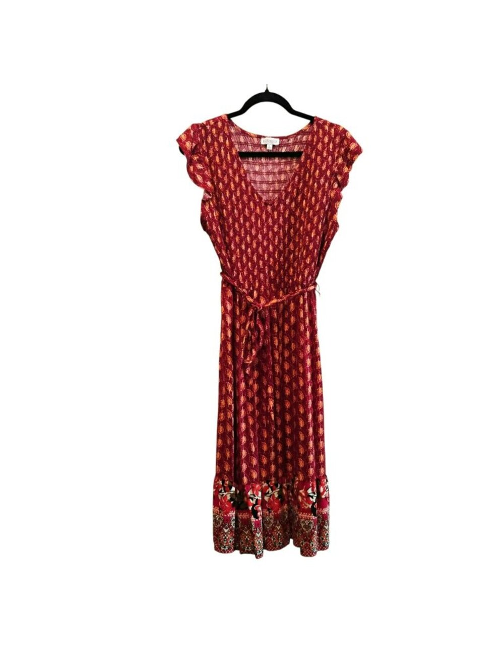 Luxology Red Boho Floral Maxi Dress With Tie Waist & Ruffle Sleeves XL Rayon